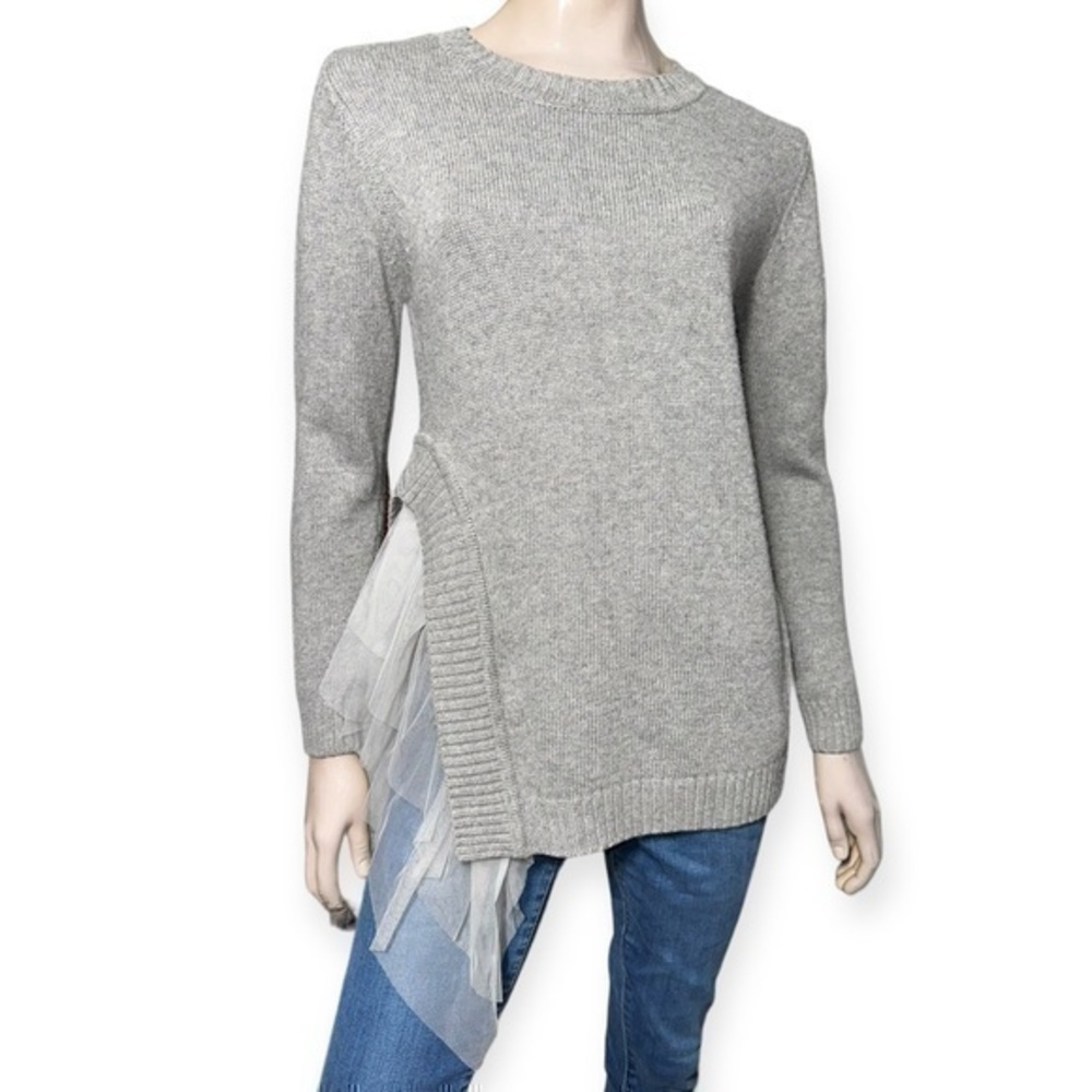 THML Women’s M Gray Cream Mesh Side Rabbit Viscose Blend Knit Crewneck Sweater